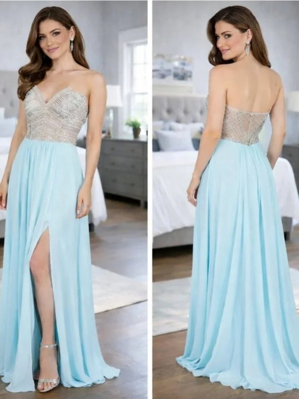 NWT Terani Couture Strapless Blue Gold Jeweled Formal Gown $495
